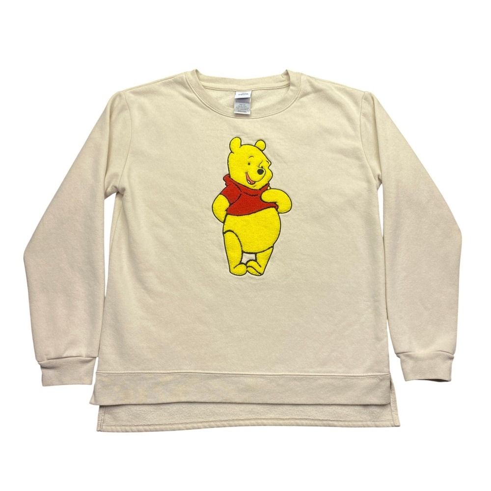 Disney Winnie the Pooh Ivory Embroidered Fleece Pullover Sweatshirt Large Grunge